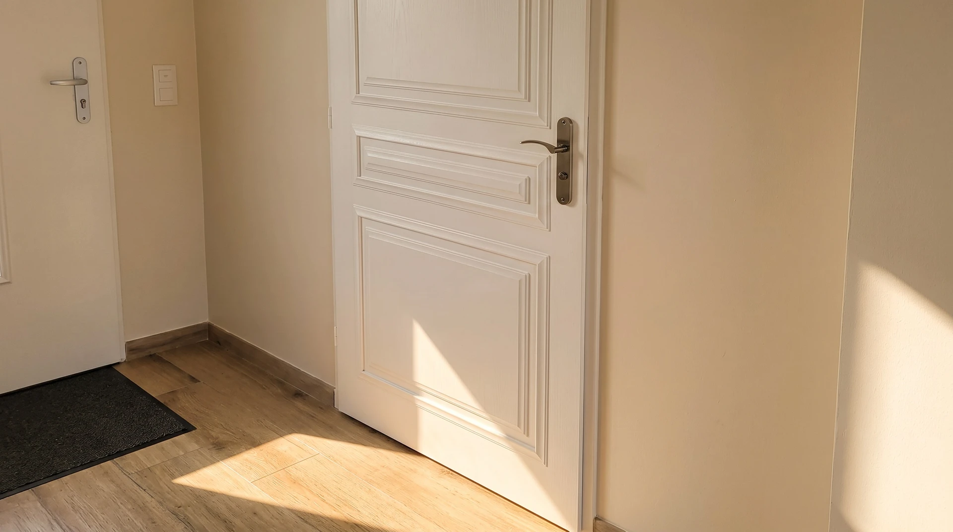 Intérieur moderne minimaliste avec porte en bois naturel à six panneaux surélevés, mur d'accent en claustra vertical bois, sol stratifié imitation chêne clair