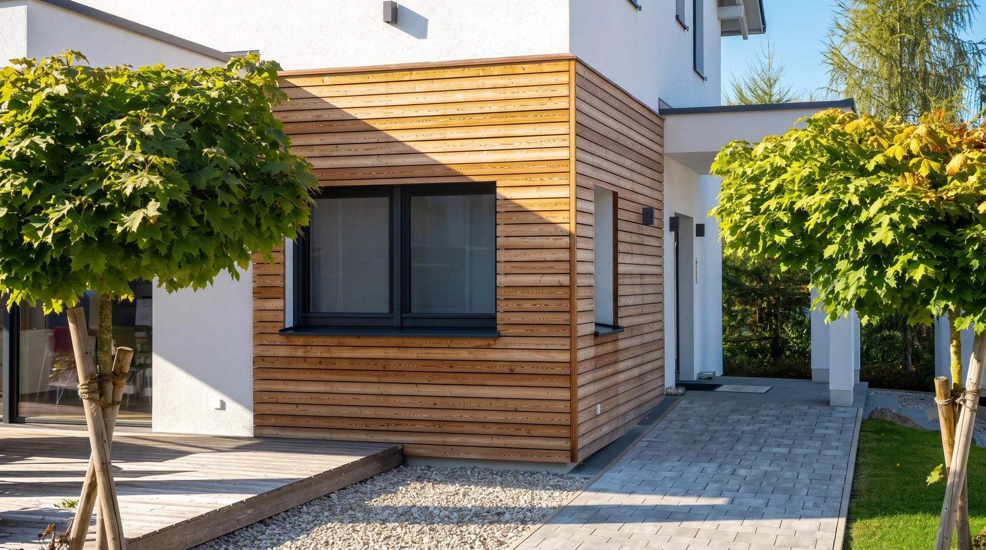 Extérieur résidentiel moderne avec extension en ossature bois
