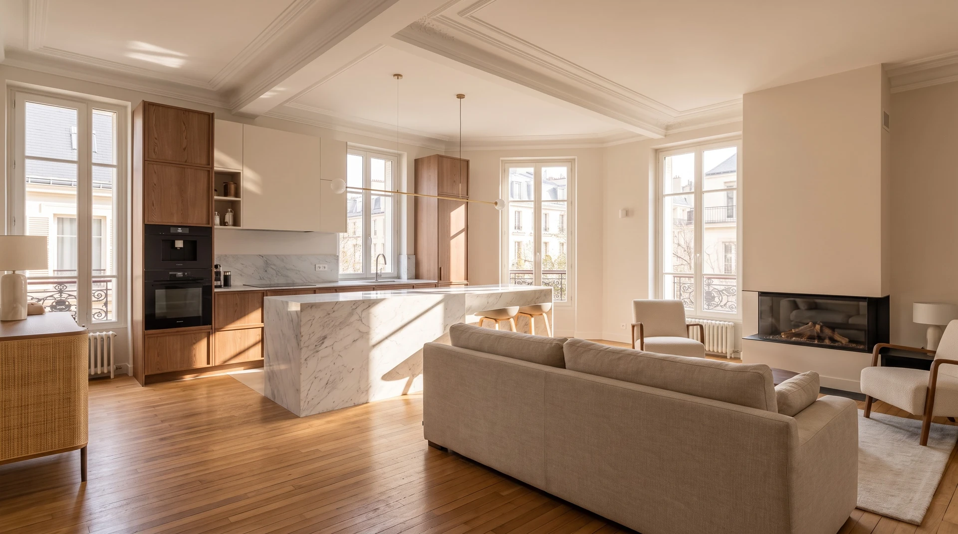 Photographie en haute résolution d'un intérieur moderne rénové montrant une cuisine-séjour ouverte et harmonieuse. L'image capture une ambiance lumineuse et contemporaine avec des éléments de rénovation visible : meubles de cuisine aux finitions soignées, plan de travail de qualité, îlot central fonctionnel, électroménager intégré, revêtements modernes, et accès vers un séjour confortable. La scène doit transmettre l'expertise en rénovation complète et la transformation d'un espace de vie. Photographie prise de jour avec éclairage naturel optimal, montrant la qualité du travail et la cohérence de l'aménagement d'ensemble.